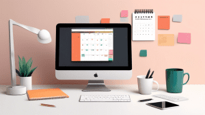 Prompt: A sleek, modern workspace featuring a computer screen displaying a calendar application with Zoom meeting icons seamlessly integrated, surrounded by a clean, minimalist desk setup with a noteb