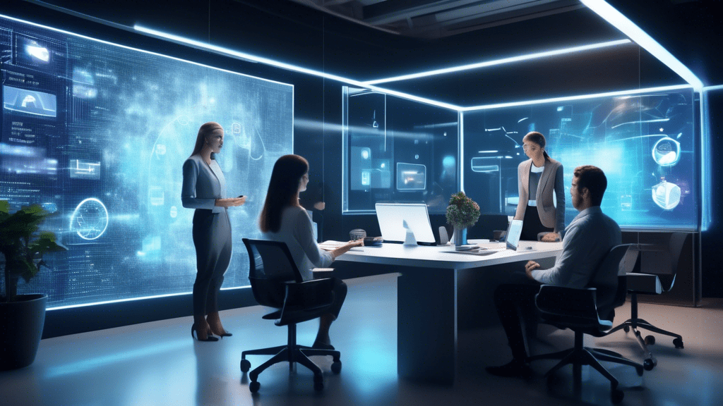 A futuristic office scene where business professionals are interacting seamlessly with advanced AI-driven communication tools. Automated systems are efficiently organizing emails, setting up virtual m