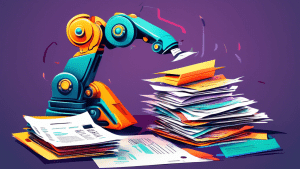 A sleek robotic arm efficiently organizing a chaotic jumble of papers and folders, labeled with business terms like invoices, payroll, and contracts.