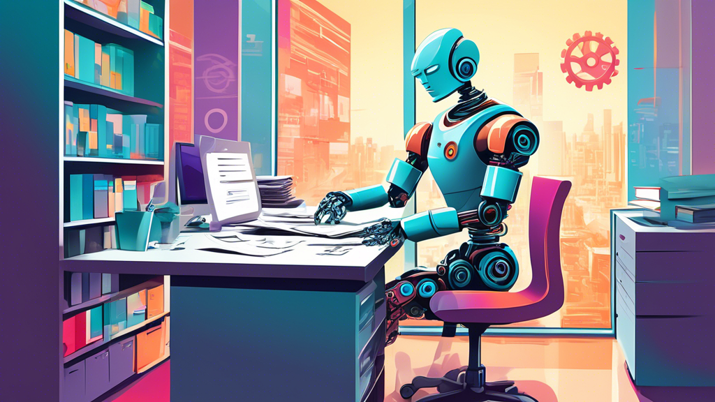 A sleek robot efficiently managing gears and paperwork within a bustling office space