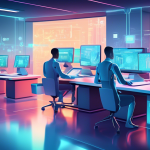 Create a high-tech office scene showing various automated systems at work, such as robots handling clerical tasks, automated conveyor belts moving documents, and a holographic interface where a busine