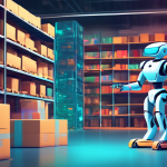 A futuristic robot efficiently managing and organizing a warehouse full of packages and inventory, with a streamlined digital interface displaying data and analytics.