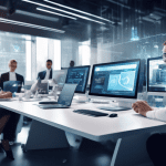 Create an image showcasing a modern office environment where business processes are being automated. Highlight scenes of diverse professionals interacting with advanced technology, including AI-powere