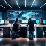 A modern office setting with a team of professionals collaborating around a sleek conference table, using advanced technology such as holographic displays and AI-integrated devices. In the background,