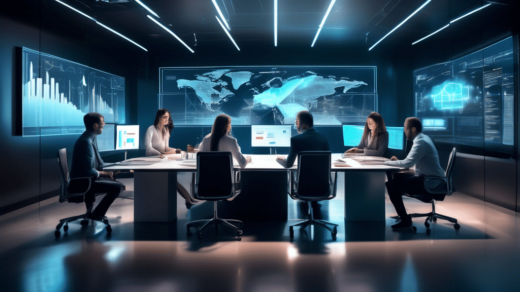 A modern office setting with a team of professionals collaborating around a sleek conference table, using advanced technology such as holographic displays and AI-integrated devices. In the background,