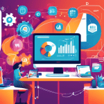 Create an illustration depicting a modern office environment where a team of marketers is using advanced technology to automate a marketing campaign. Highlight elements like computers with graphs and