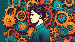 A person with a serene expression effortlessly managing a complex network of interconnected gears and cogs, symbolizing a streamlined workflow.