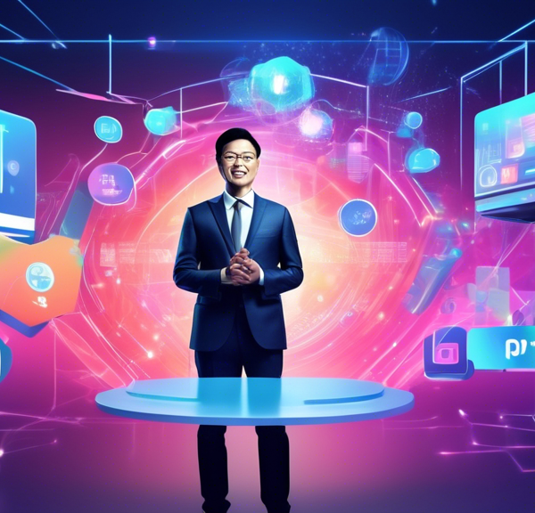 Create an image of Peng Joon standing confidently at a virtual podium, surrounded by futuristic holograms showing various elements of online marketing strategies such as social media icons, digital ad