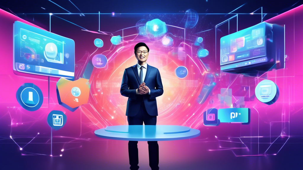 Create an image of Peng Joon standing confidently at a virtual podium, surrounded by futuristic holograms showing various elements of online marketing strategies such as social media icons, digital ad