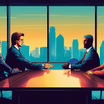 Businesspeople shaking hands at a conference table overlooking the Dallas skyline.