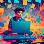 Prompt: A frustrated person sitting at a computer with error messages and codes, including 0x80004005, floating around them in a chaotic digital landscape, with a sense of confusion and urgency to sol
