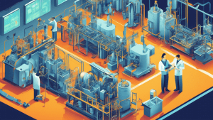 Create a visually appealing illustration depicting a high-tech manufacturing facility where engineers are utilizing advanced, custom-designed machines and software solutions. The environment should em