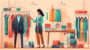 Create an illustration that depicts a creative pricing plan concept with various tiers. Imagine a shopkeeper tailoring clothes, symbolizing the customization of pricing plans. The shopkeeper is carefu