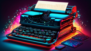 A vintage typewriter transforming into a modern computer keyboard with glowing editing tools emerging from the screen.