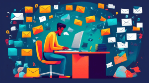 DALL-E Prompt:nA frustrated person sitting at a computer desk, surrounded by floating email icons and symbols representing common email mistakes, such as a spam folder, phishing hook, cluttered inbox,
