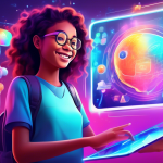 A student smiling while using a futuristic, holographic tablet with educational apps floating around them.