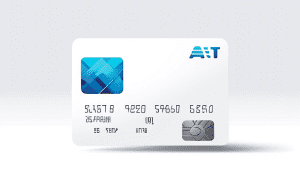 Prompt: A sleek, modern credit card with the AT&T logo on a clean white background, the card is casting a subtle shadow and has a futuristic holographic strip, symbolizing simplicity and advanced tech