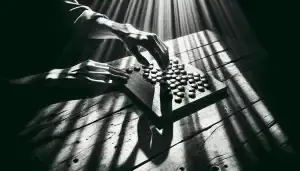 A black and white photo of two hands playing Go on a wooden board, with the sun casting long shadows on the table.