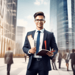 Create an image that visually represents the concept of The Benefits of Pursuing an LLM in Corporate Law. The scene features a confident young professional, holding a diploma, standing in front of a m