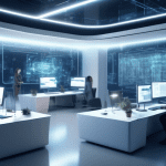 A futuristic office environment where professionals are collaborating with a high-tech AI assistant. The AI, represented by bright, flowing lines of code, is seamlessly producing text, analyzing data,
