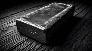 Prompt: A grayscale image of an old, weathered lead ingot with a dull metallic sheen, sitting on a rustic wooden surface, lit by a single beam of light casting deep shadows, conveying a sense of heavi