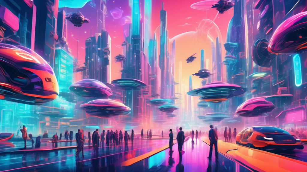 A futuristic cityscape with flying cars, towering holographic projections, and people interacting with robots and AI interfaces.