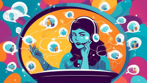 A crystal ball showing a customer service representative with a headset on, surrounded by thought bubbles with customer questions and requests.