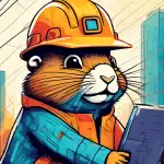 A gopher wearing a hard hat building a skyscraper with lines of code