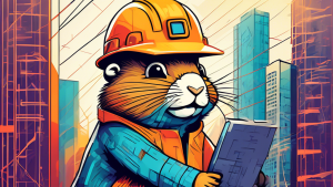 A gopher wearing a hard hat building a skyscraper with lines of code