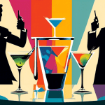 A colorful illustration of two martini glasses side by side, one with a shaken martini and the other with a stirred martini. The background is split diagonally, with one half depicting James Bond's si