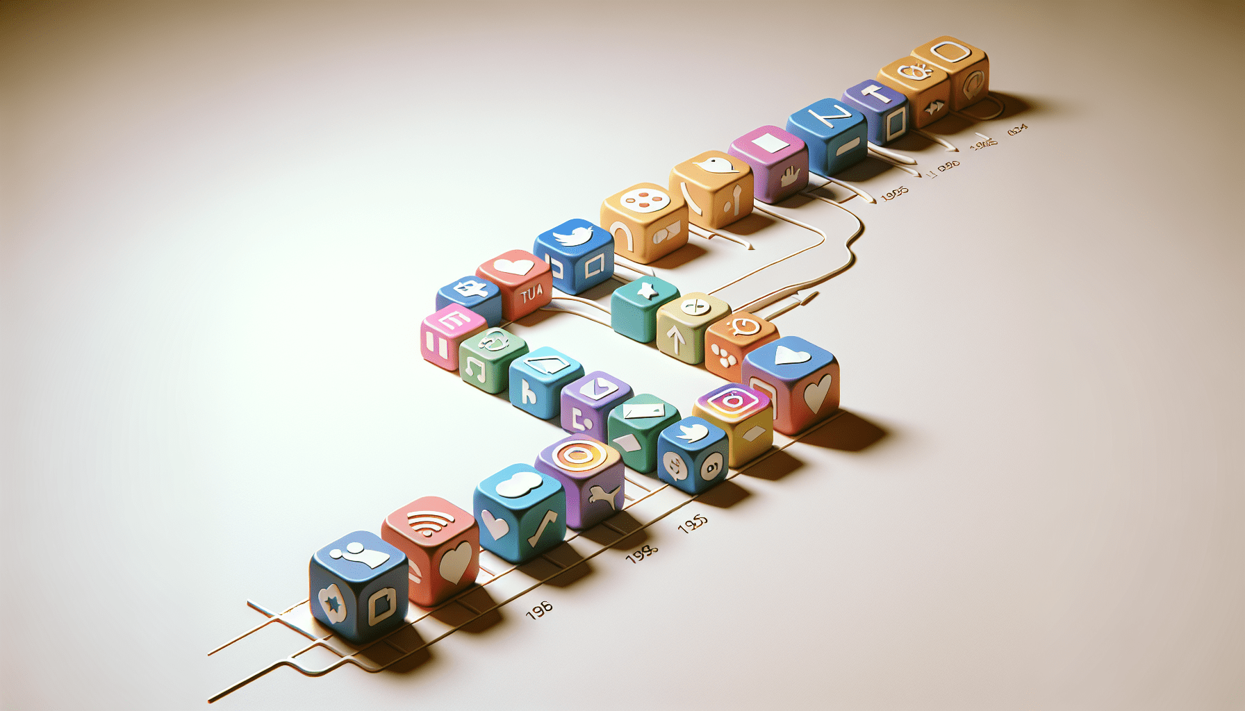 A 3D rendering of a timeline of popular social media app icons evolving over time