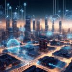 Create an image that visually represents the impact of Large Language Models (LLMs) on technology. Show a futuristic cityscape where various forms of advanced technology, such as smart robots, automat