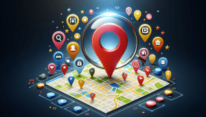 A map pin with a magnifying glass hovering over it, surrounded by glowing location markers and business icons like phone numbers, addresses, and star ratings.