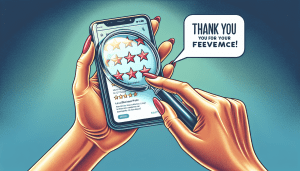 A hand holding a magnifying glass over a smartphone displaying a Google Business Profile with five star reviews and a text bubble saying Thank you for your feedback!