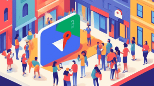 A storefront with a giant Google Maps pin coming out of it, with a crowd of people holding smartphones, looking at the storefront and smiling.