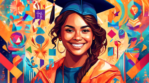 DALL-E Prompt: A vibrant, inspirational digital art portrait of Ianthe Hernandez, a determined young woman with a warm smile, set against an uplifting background featuring symbols of her achievements,