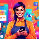 A smiling influencer holding a smartphone with their Instagram creator account dashboard open, surrounded by colorful graphics representing engagement, analytics, and content creation tools.