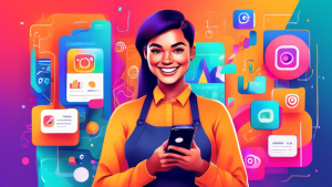 A smiling influencer holding a smartphone with their Instagram creator account dashboard open, surrounded by colorful graphics representing engagement, analytics, and content creation tools.
