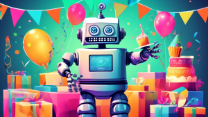 A friendly robot holding a stack of digital invitations with a party in the background