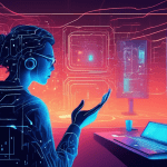 Create a digital illustration that visually represents an advanced AI system at work. Show a futuristic data center with glowing servers processing vast amounts of data. In the foreground, depict a pe