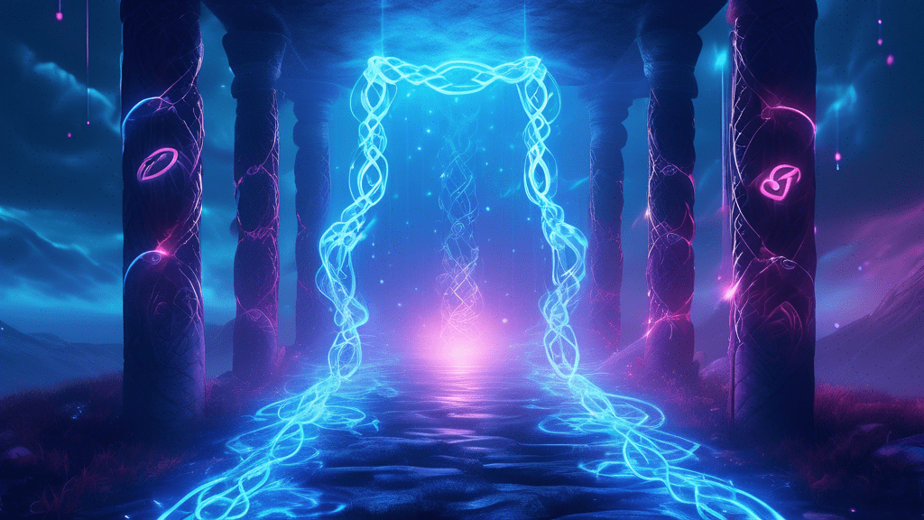 DALL-E Prompt:nA magical, glowing chain link floating in a dark, misty void, emanating an ethereal blue light that illuminates ancient runes and symbols swirling around it, hinting at its mysterious a