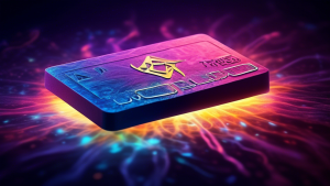 A single credit card levitating in the air, glowing with mystical energy and runes carved into its surface.
