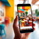A hand holding a smartphone displaying a Google Business profile with a perfectly sized cover photo of a vibrant cafe, with a magnifying glass highlighting the cover photo's dimensions.