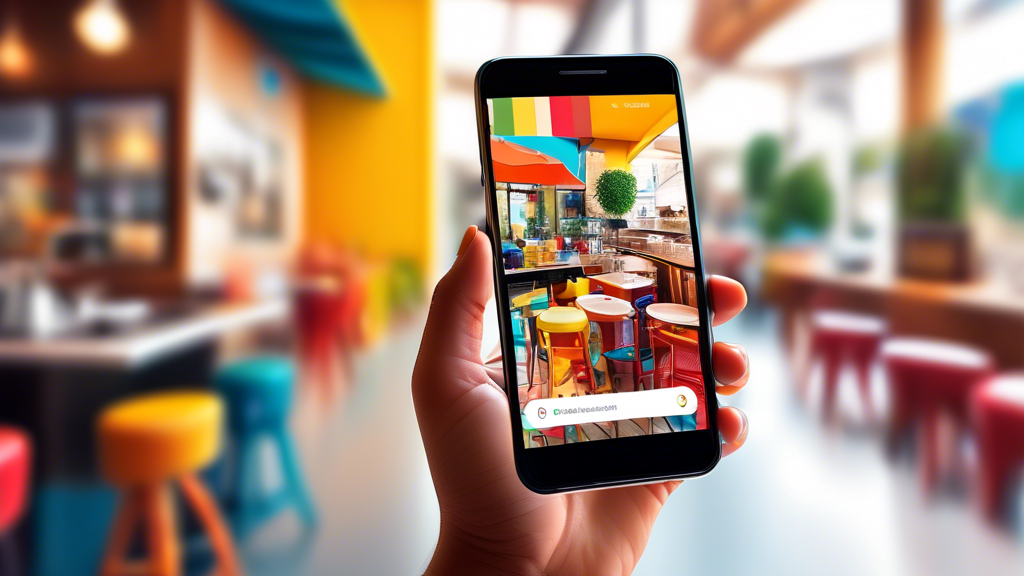 A hand holding a smartphone displaying a Google Business profile with a perfectly sized cover photo of a vibrant cafe, with a magnifying glass highlighting the cover photo's dimensions.