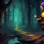 DALL-E Prompt:nA foolish jester stands at the edge of a deep, dark pit, holding a lantern that casts an eerie glow. The jester's colorful costume is tattered and torn, and behind him, a winding path l