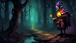 DALL-E Prompt:nA foolish jester stands at the edge of a deep, dark pit, holding a lantern that casts an eerie glow. The jester's colorful costume is tattered and torn, and behind him, a winding path l