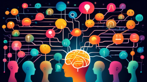 A glowing brain hovering over a group of diverse people connected by a network of lines, with speech bubbles containing positive emojis above their heads.