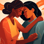An illustration depicting two diverse people sharing a heartfelt apology, with expressive body language and warm facial expressions. Surround them with soft, warm lighting, symbolizing the power of fo