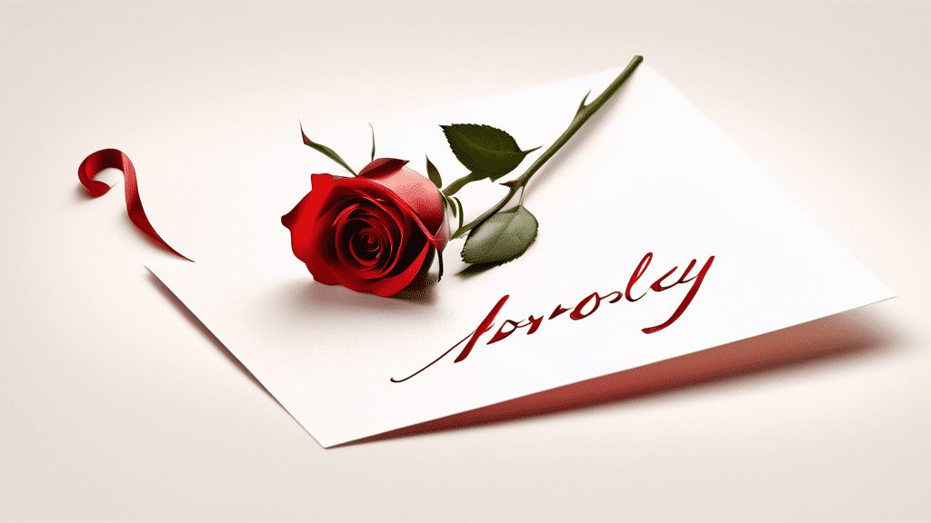 A simple, heartfelt apology written in elegant calligraphy on a plain white card, with a single red rose placed gently beside it, symbolizing the sincerity and emotional depth of acknowledging one's m