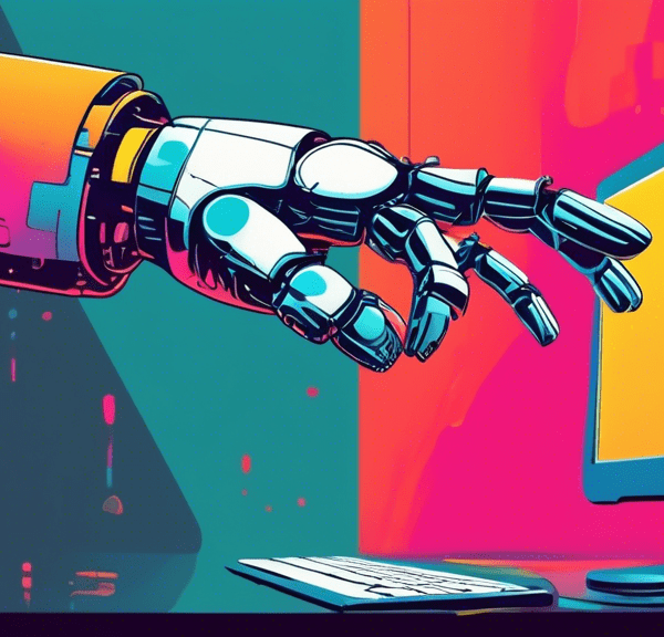 A robot hand reaching out from a computer screen holding a chat bubble.